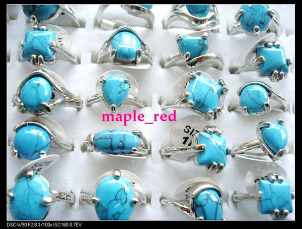 Wholesale 30pcs/lot Vintage look Blue Turquoise Stone Rings Multi-Design &Mixed sizes for Women Fashion Jewelry Rings