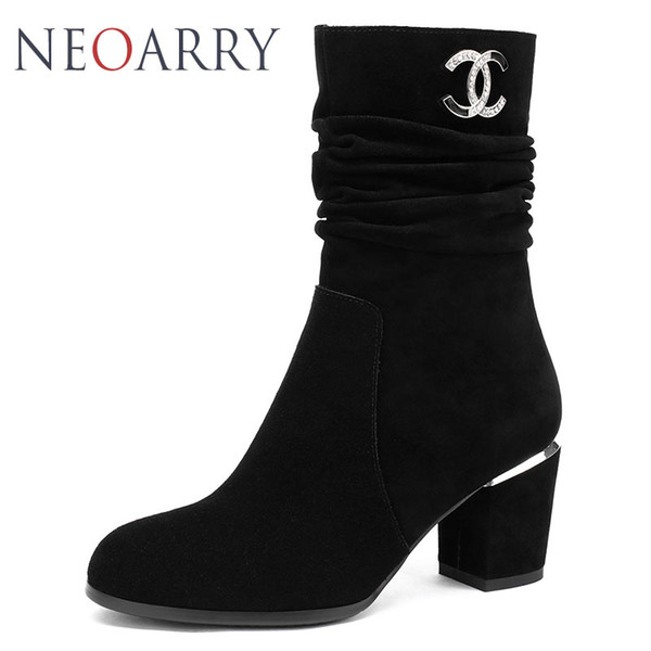 Neoarry 2018 Autumn Winter Suede Ladies Boots Elegant Sexy Crystal Woman Boots Block High Heels Pleated Mid Calf Black