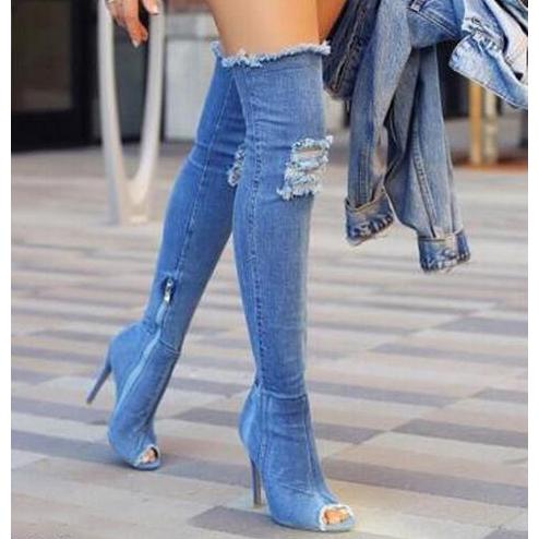 2017 Hot Women Boots summer autumn peep toe Over The Knee Boots quality High elastic jeans fashion boots high heels plus size