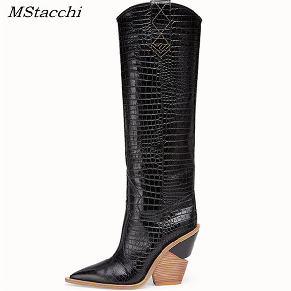 MStacchi 2019 New Fashion Embossing Plaid Runway Boots Women Knee High Boots Pointed Toe Strange High Heel Ladies