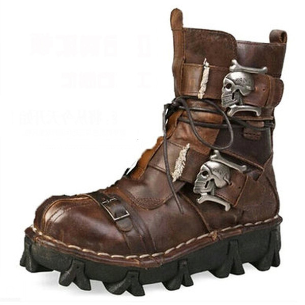 Plus Size Fashion Cowhide Genuine Leather Military Uniform Boots Gothic Skull Punk Martin Platform Mid-calf Boots Steampunk Shoes 18D50