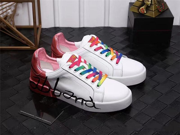 2018 High Quality D.G Portofino White Pink Multi Leather Italy Black Letters Shoes Sneakers Running Shoes With Original Box