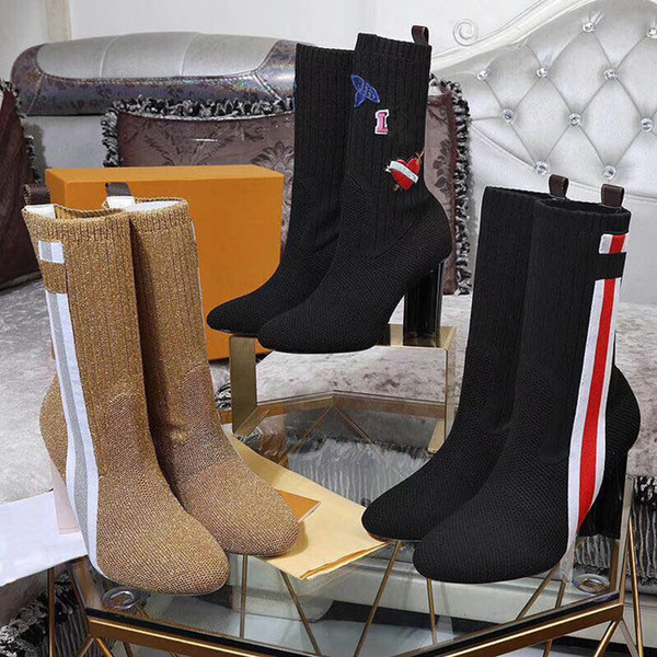 2018 Brand Fashion Luxury Designer Women Shoes Flowesr Heel boots Superstar Newest Retros Thick Heel Boots High Heel Sock High Quality