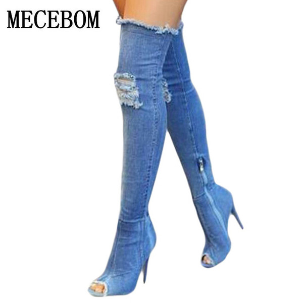 2018 New Fashion Women Hole Denim High Heels Over The Knee Boots Spring Summer Sexy Peep Toe Thigh High Boots Hot Botas N15W