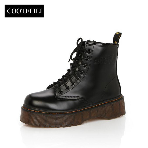 COOTELILI Botas Women Motorcycle Ankle Boots Wedges Female Lace Up Platforms Autumn Winter Leather Oxford Shoes Woman high heels