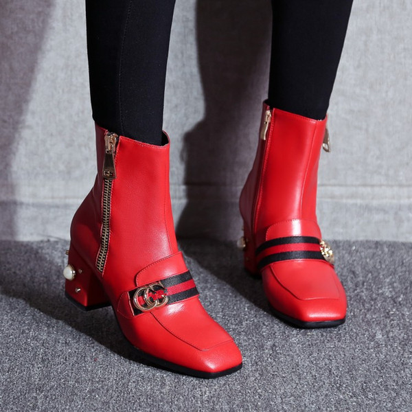 spring autumn casuals women half boots with zipper flats laides brand shoes black red roman boots med heel chunky pearl soft leather