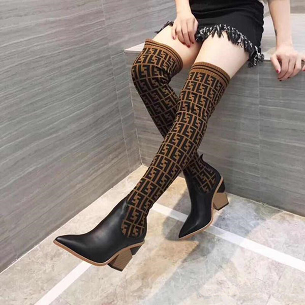 Hot Sale Designer Women Thigh High Boots Chunky Heels Pointed Toe Winter Shoes Mixed Color Stretch Black Lady Warm Boot