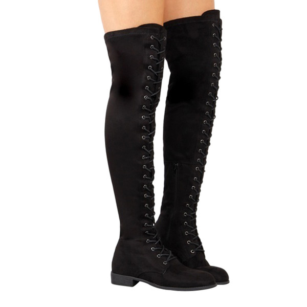 Sexy Lace Up Over Knee Boots rome style Flats Shoes Woman suede long Boots Botas Winter Thigh High Boots 35-43