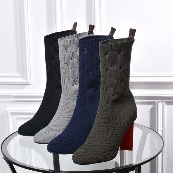 women shoes high heels open woolen yarn knitting ankle Genuine leather waterproof boots Pure color