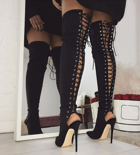 Sexy black lace up pointed toe high heel thigh high boots over the knee boots size 35 to 40