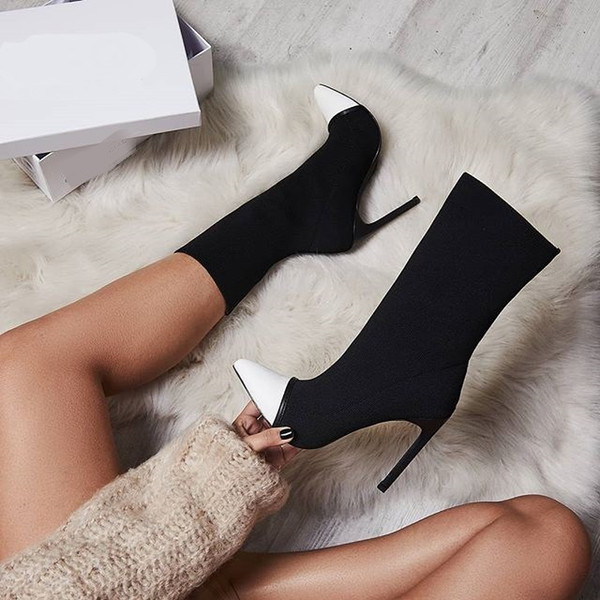 POADISFOO Women's Autumn Boots Large Size women's Boots 2018 Autumn Pointed Elastic Cloth Fine Super High Heels .ZL-335-3