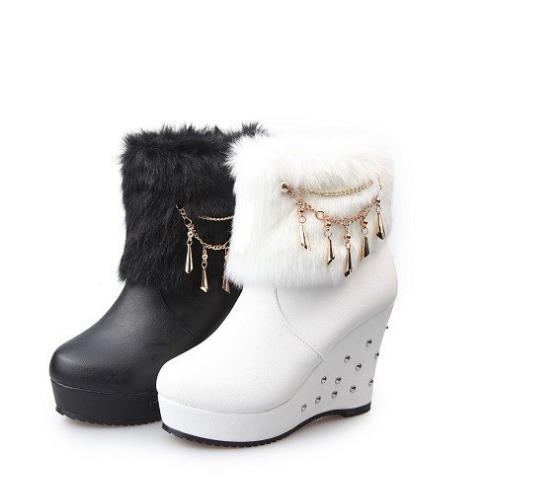 Winter 2018 new women's boots with raised wedges and fleece fashionable stitching ankle boots warm snow boots