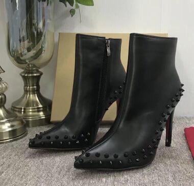 2019 Luxury Black red Leather with Spikes Pointed Toes Womens Ankle Boots Fashion Designer Sexy Ladies Red Bottom High Heels Shoes Pumps