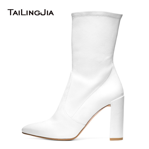 Women Chunky Heel White PU Leather Sock Booties Black Stretch Mid Calf Boots for Lady Pointy Toe Female Spring Autumn Shoes 2018