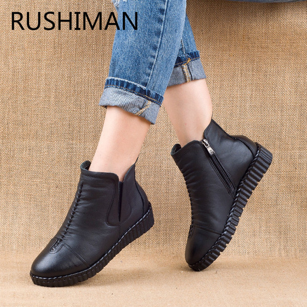 RUSHIMAN plus velvet leather women's cotton hand made sew warm shoes national wind old leather short black boots big yards 35-41