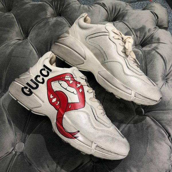 Newest Rhyton Vintage Trainer With Red Mouth Print Women Luxury Brand Vintage Trainer Men Designer Shoes Oversize Sneakers 35-44