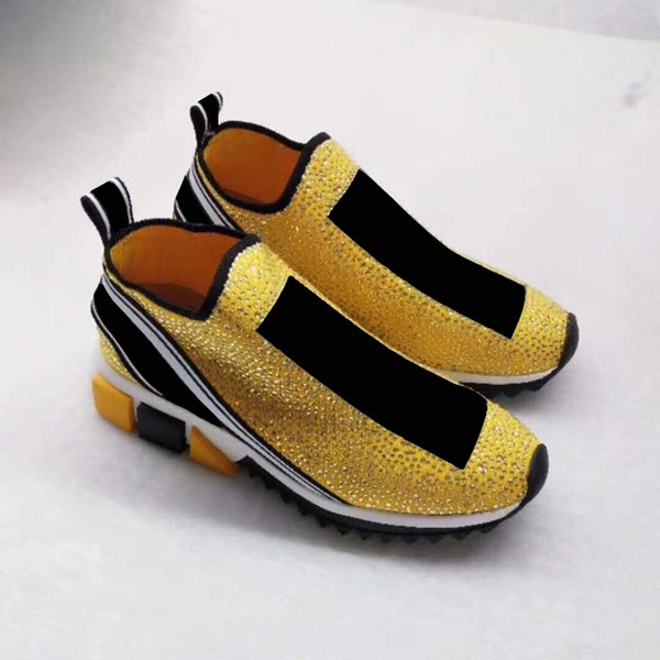 2018 Newest Luxury Brand Sneakers Shoes Fashion Silver crystals Letters Women and Men Sock Shoes Yellow Rhinestone WITH Box Size 35-46