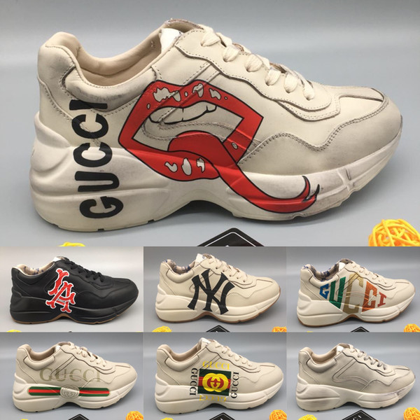 Mens Rhyton Sneaker with Mouth Lip Print NY Yankees Women Luxury Brand Vintage Trainer Men Designer Mountain Climbing Shoes Oversize Sneaker