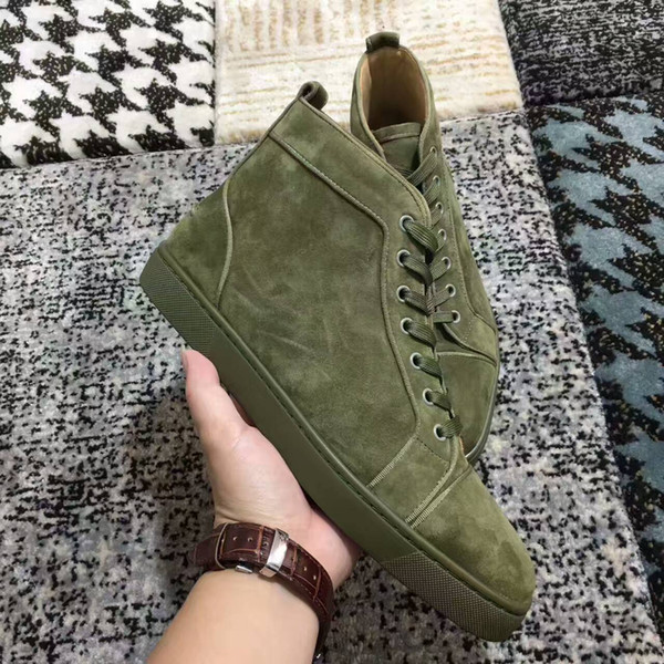 New mens womens high top green suede red bottom casual shoes,fashion gentleman designer lace-up sneakers size 36-46