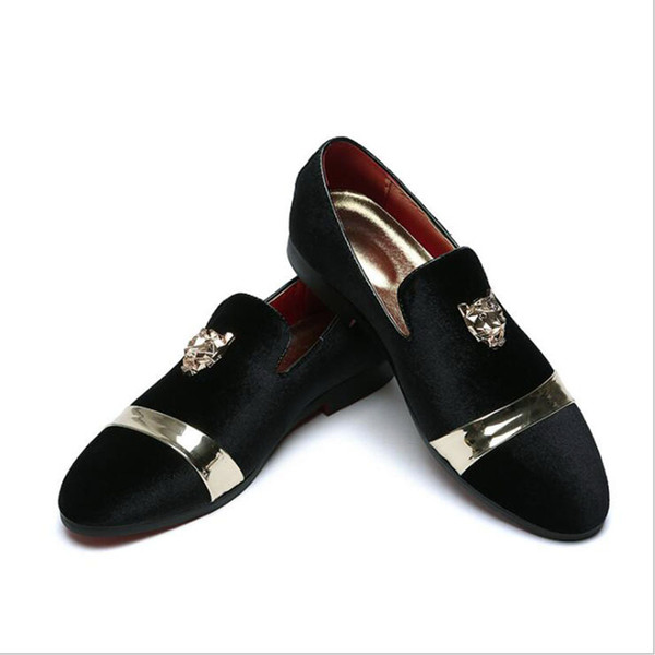 New Fashion Gold Top and Metal Toe Men Velvet Dress shoes italian mens dress shoes Handmade Loafers plus size