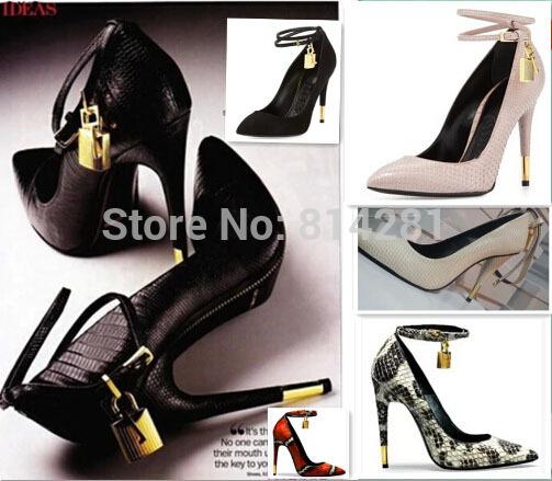 Wholesale-New arrival spike heels women pumps pointed toe high heel shoes gold lock luxury women party dress shoes ankle wrap heels