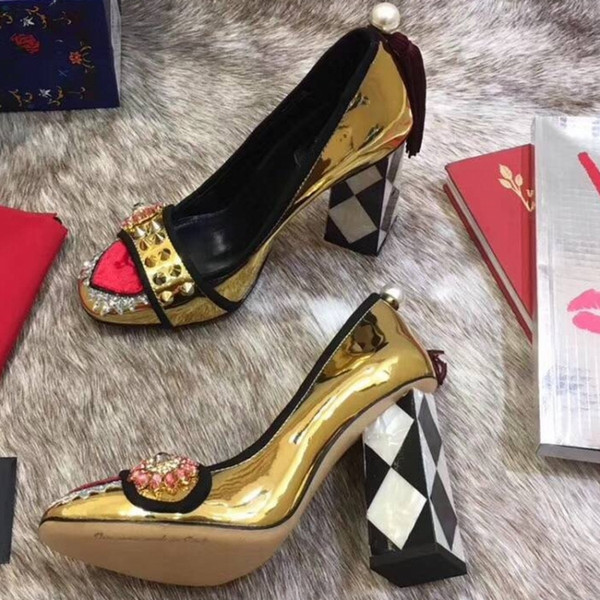 popular chunky heels cow leather 10cm heels pumps rivets women leather rhinestone high heels shoes autumn studded  shoes female 40 41