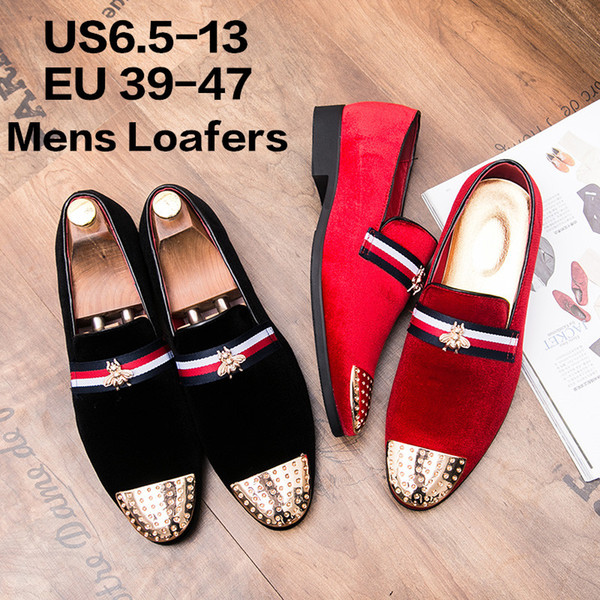 Men's Velvet Loafers Slippers with Gold Metal Wedding Dress Shoes Slip-on Smoking Flats Red Black for Tuxedo Banquet Party Prom Even