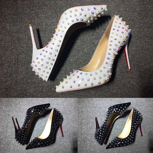 2019 New Fashion Rivets high heel Red bottom ladies wedding shoes White Black pointed sexy ladies high heels 36-42