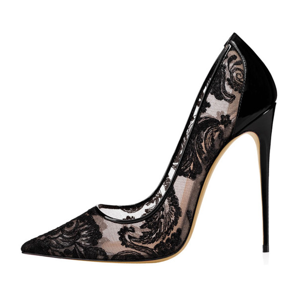 Ladies lace high-heeld dress shoes luxury brand sexy pointed toe black white 12cm red bottom high heels wedding shoes
