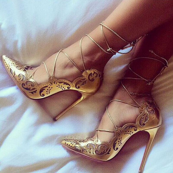 Sexy2019 Openwork Pattern Pointed Toe Shallow Mouth Lace-up12cm Thin High Heel Ladies Dress Shoes Red Sole Brand Designer Pumps