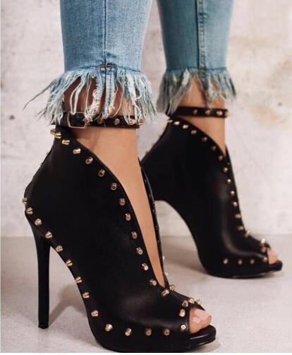 New Europe Popular Street beat rivet shoes fish mouth High-heeled Catwalk sexy Rome Ankle Buckle Strap PU heel 12cm Woman pumps Sandals