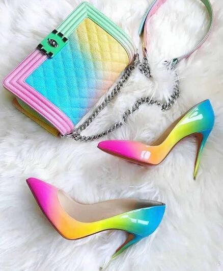 Red Bottom sole pumps luxury Brands New rainbow patent leather Woman High heels Pointed toe dress Shoes Pigalle Follies Sunrise street Shoes