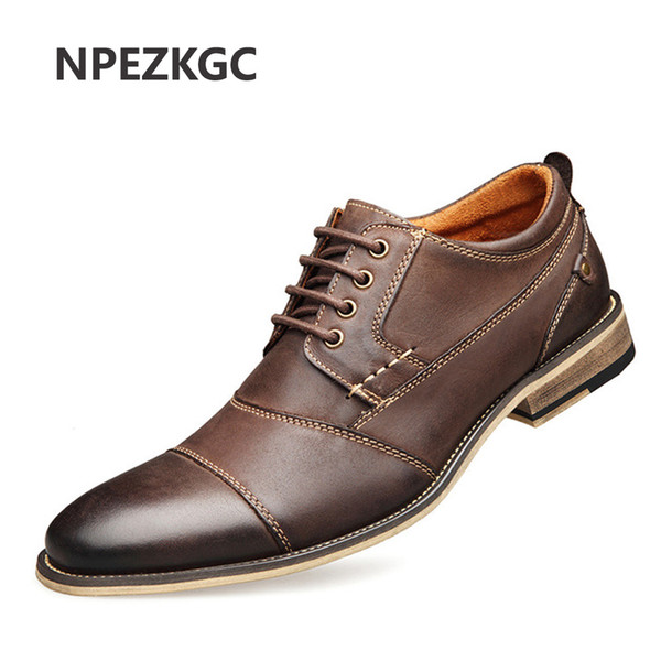 NPEZKGC Brand Men Shoes Top Quality Oxfords British Style Men Genuine Leather Dress Shoes Business Formal Flats