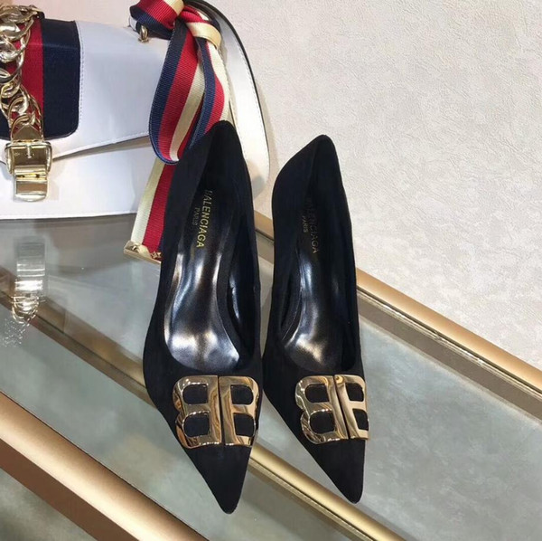 2019 Fashion Designer Luxury Women Shoes High heels 6cm 8cm Black Slip-On Leather Pointed Toes Pumps Dress Shoes 35-40