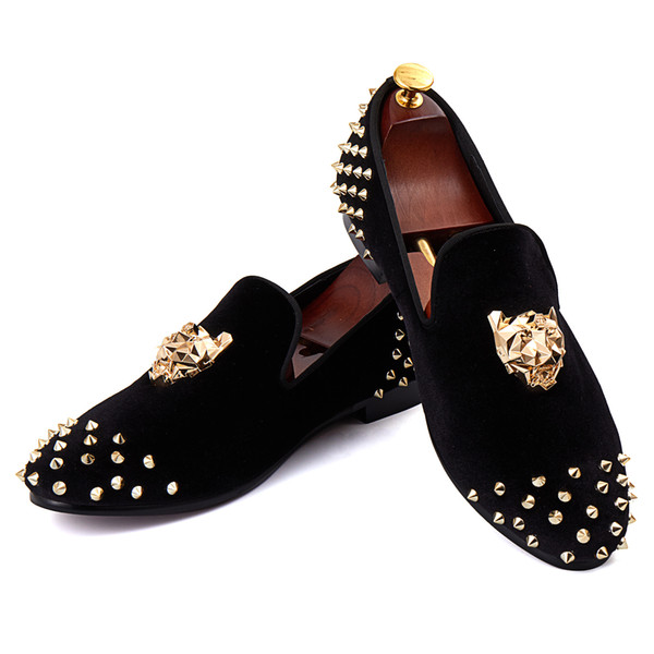 Harpelunde Flat Shoes Rivets Black Men Velvet Loafers Animal Buckle Dress Shoes With Spikes Free Drop Shipping US Size 7-14