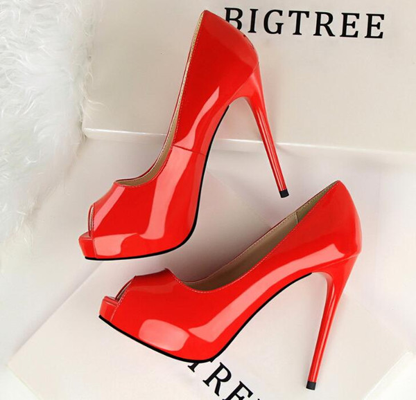 12cm Fashion simple super high waterproof table lacquer skin sexy thin night shop fish mouth single shoe high heel shoes