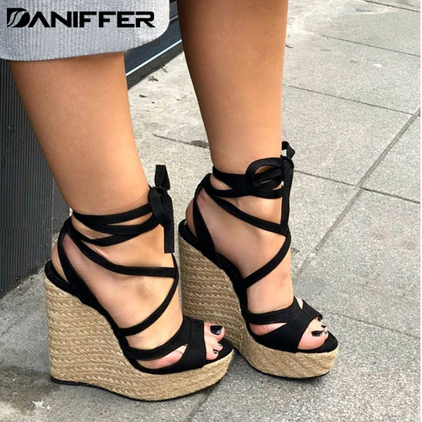 New Women Summer Platform Sandals Open Toe High Heels Wedge Casual Beach Bandage Ankle Cross-tied Strap Shoes Plus Size 35-43