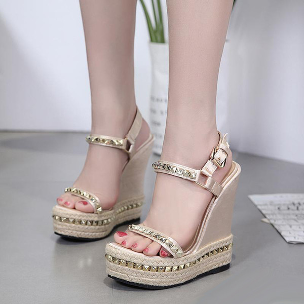 15cm Chic rivets knitted plaited women platform wedges sandals designer high heel size 35 to 40