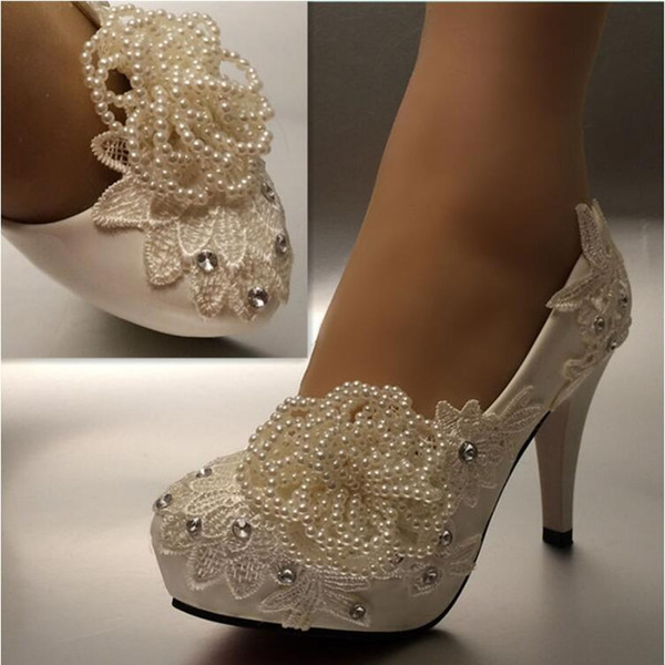 New Fashion white ivory pearl lace crystal Wedding shoes Bridal heels pumps size:35-41 Free shipping