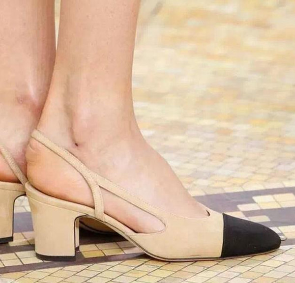 sale! b084 34 genuine leather slingback med heel sandals luxury classic c designer matched cap toe
