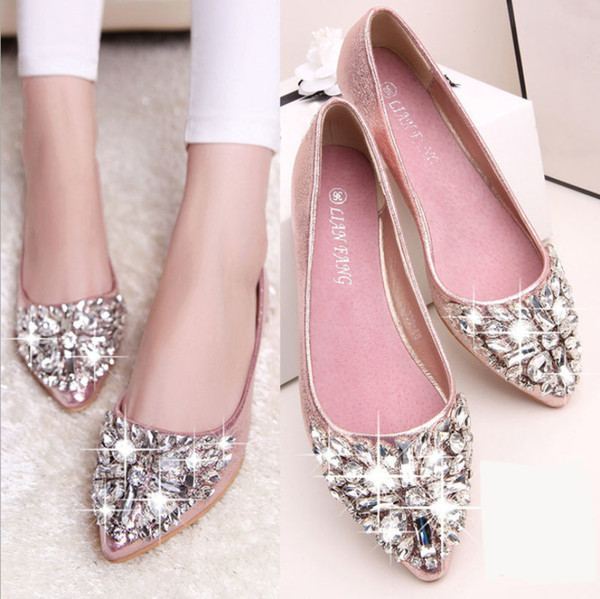 2018 hot sell casual high fashion shoe designer bridal woman shoe fashion woman leather flat crystal low heel wed shoe woman