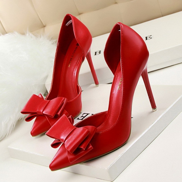Dress Women Pumps High Heels Shoes Women Summer Wedding Shoes Wom Sweet Bowknot High Heel Shoes Side Hollow Pointed Women Pumps 3168-2