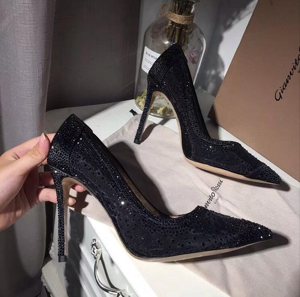Pointed Toes Women's Pumps High Heel Stiletto Mesh Genuine Leather Rhinestone Slip-On Dress Shoes Sexy Summer Sandal Spring New Fashion Shoe
