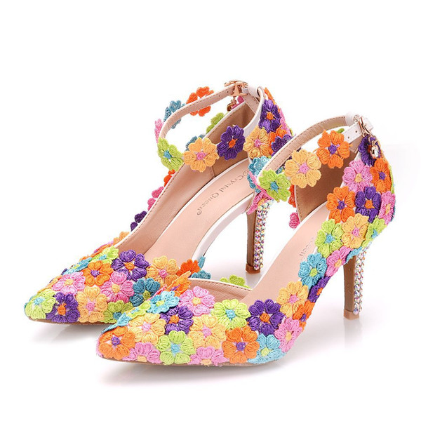 New Summer elegant pointed toe shoes for women multi lace flowers high heel wedding shoes crystal thick heels sexy Plus Size working Shoes