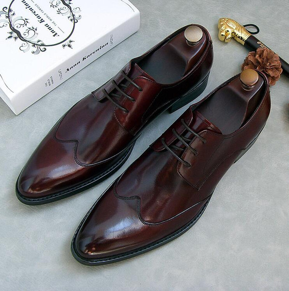 Handmade dress shoes men lace up genuine leather pointed toes smart casual shoes med heel height increasing moccasins