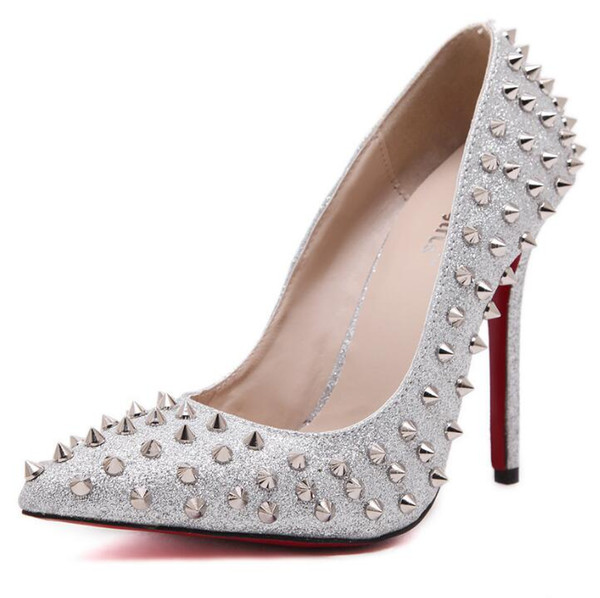 Sexy multi colored heels Shoes Pointed Toe Women Pumps Rivet Studded For Wedding Party Dress Shoes Stiletto Heel