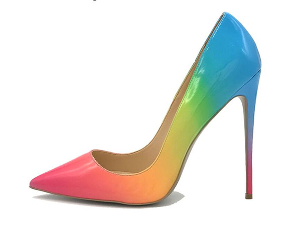2019 free shipping fashion women sexy Wedding lady Rainbow Patent Leather Poined Toes high HEELED heels shoes Stiletto shoes pump 12cm 10cm