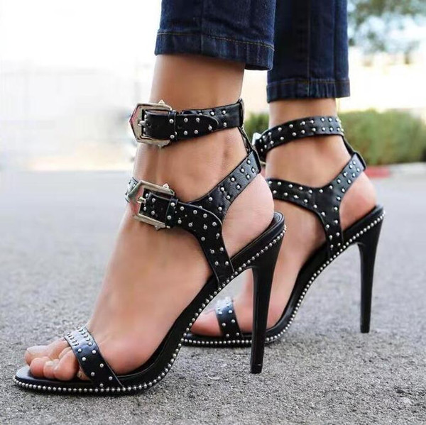 2019 Europe new rivet buckle high heels sexy nightclub dress shoes Roman style sandals banquet party women's shoes