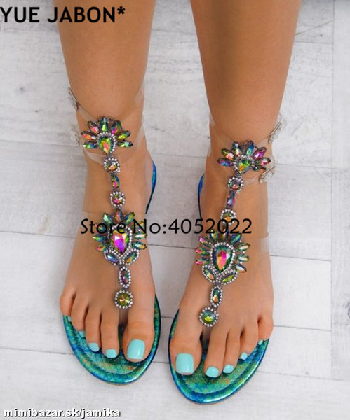 2018 Woman Sandals Women Shoes Rhinestones Gladiator Flat Sandals Crystal Chaussure Plus Size 43 tenis feminino Green Flip Flops