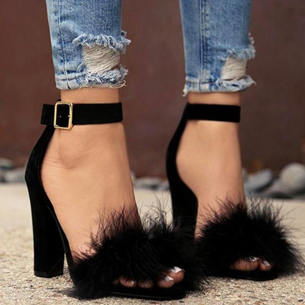 Women Sandals Shoes Women Suede High Heels Footwear Real Fur Ankle Strap Gladiator Sandals Female Wedding